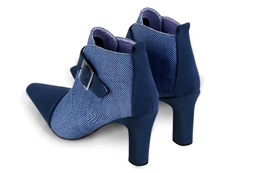 Navy blue women's ankle boots with buckles at the front. Tapered toe. High kitten heels. Rear view - Florence KOOIJMAN